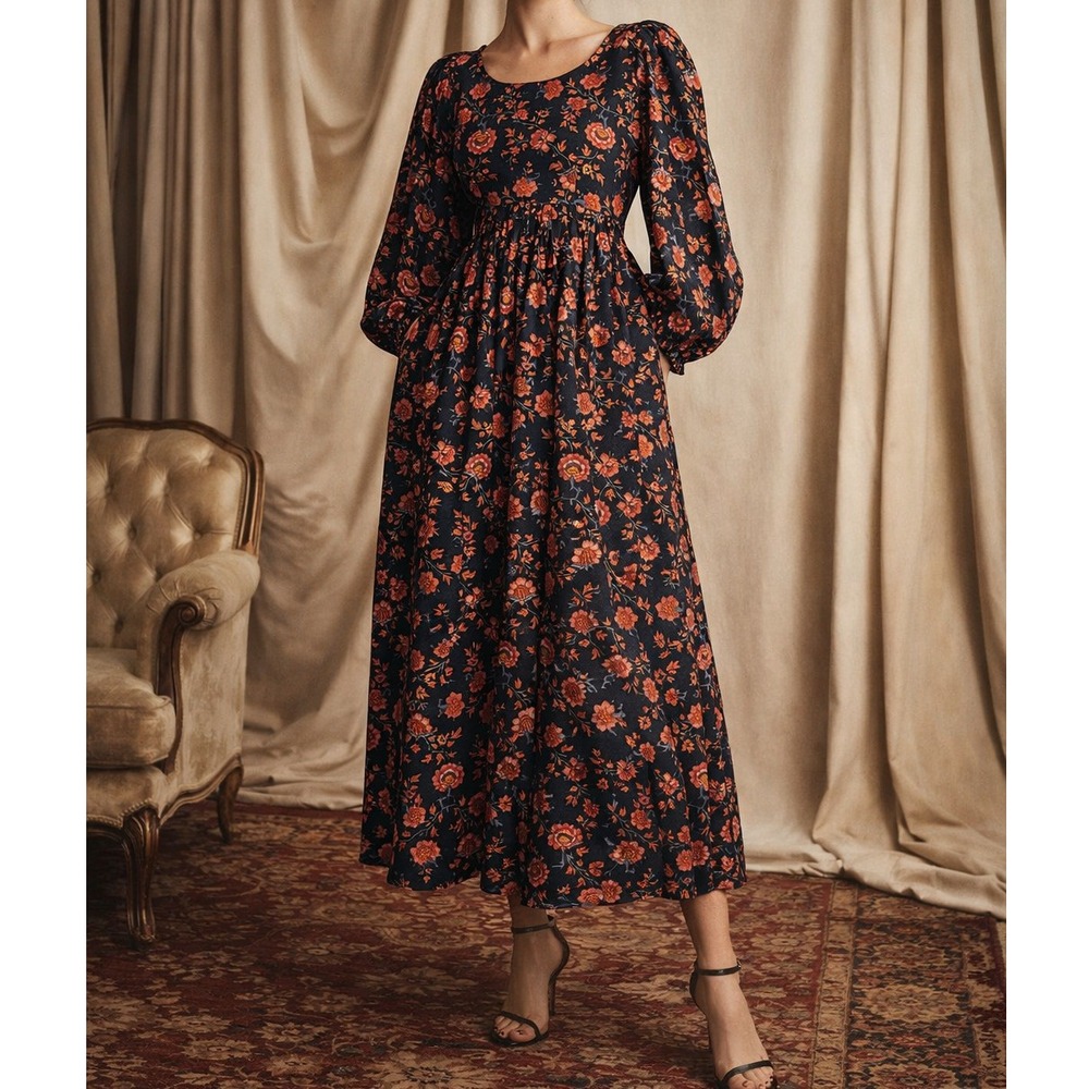 The GREAT. Floral Midi Dress Puff Sleeve‎ Empire Waist Black Orange Size 0